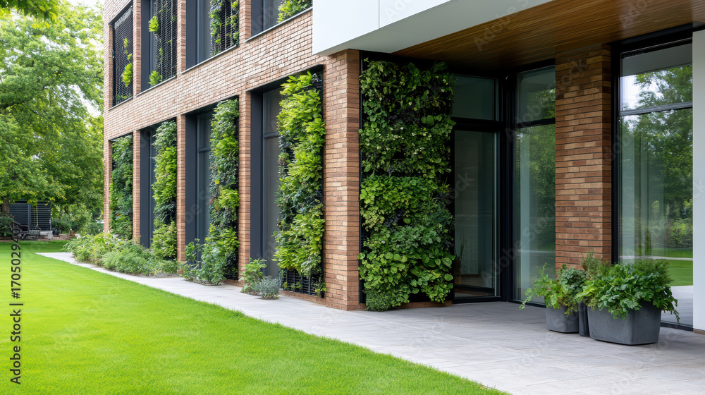 Naklejka premium Modern building with vertical green installations, showcasing blend of nature and architecture