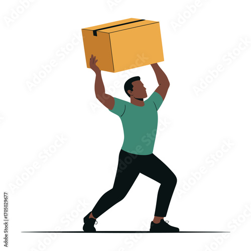 man lifting box over head symbolizing strength and hard work in logistics