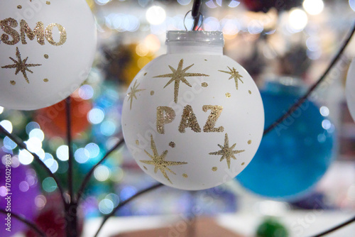 A white ornament with the word 