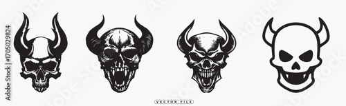 Intense devil skull illustrations for tattoo designs or Halloween themes