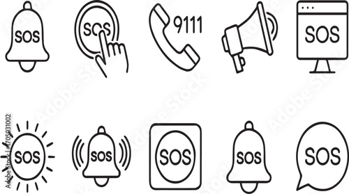 SOS Emergency Alert and 911 Hotline Line Icons Set 