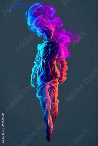 A silhouette of a female figure is enveloped in vibrant swirling smoke, featuring shades of blue, purple, and pink. The colorful smoke wraps around the figure, creating a dynamic and ethereal effect 