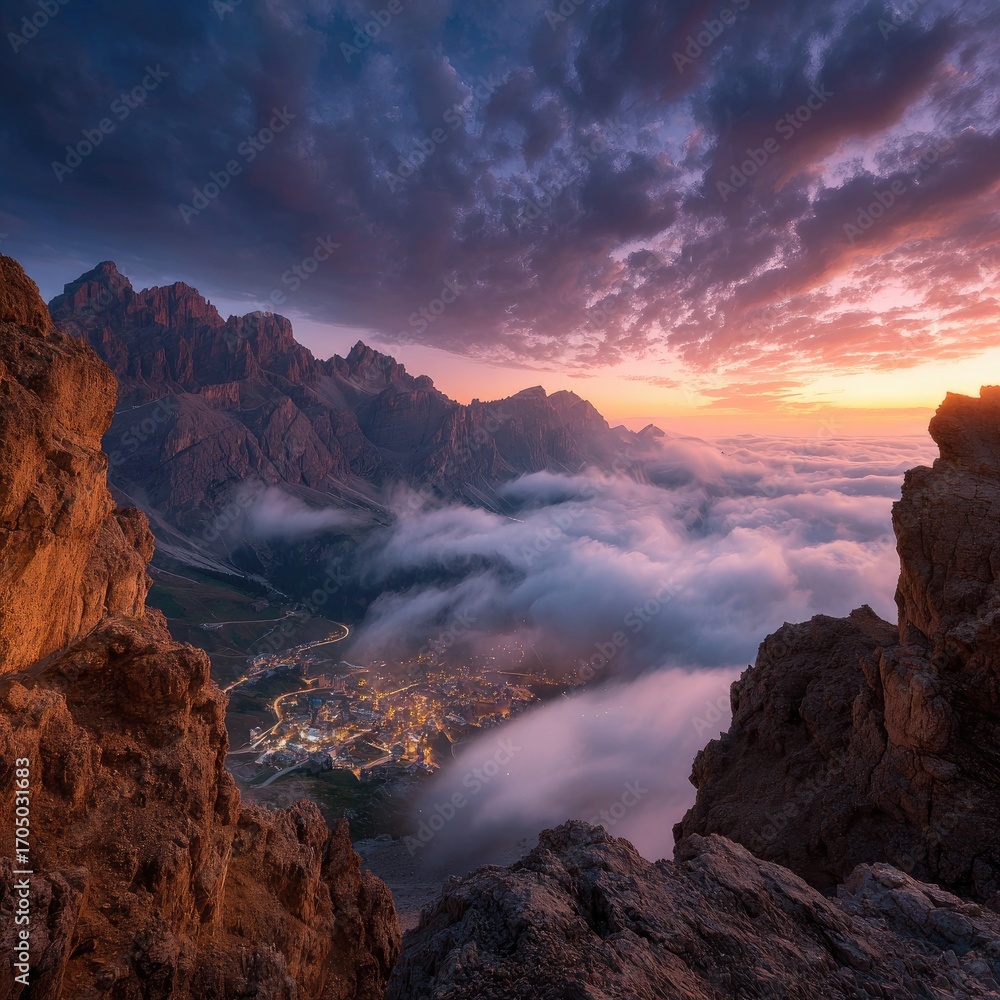 Fototapeta premium Mountaintop view of town shrouded in mist at sunrise