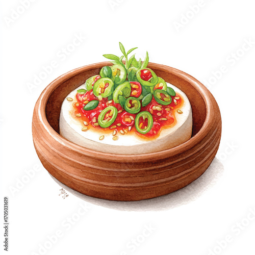Spicy Feta Cheese Dip with Jalapenos and Chili Sauce in a Wooden Bowl.