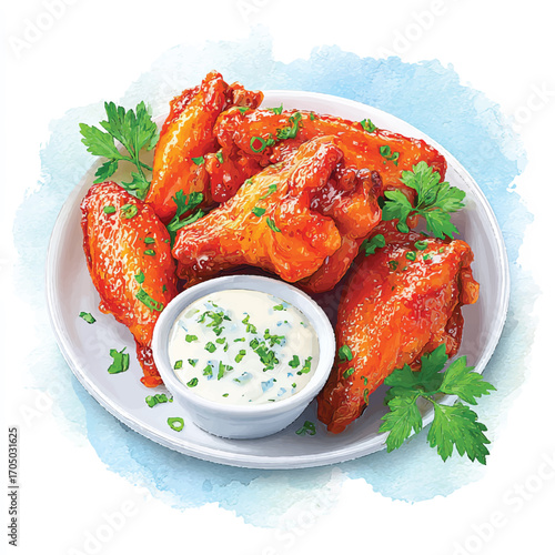 Spicy Buffalo Wings with Creamy Dip and Parsley Garnish.