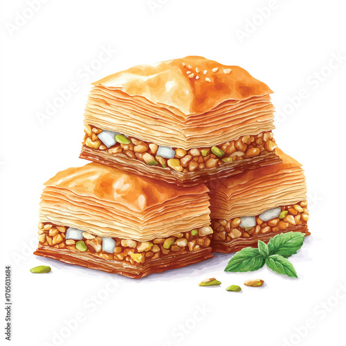 Stack of Delicious Baklava with Mint Leaves.