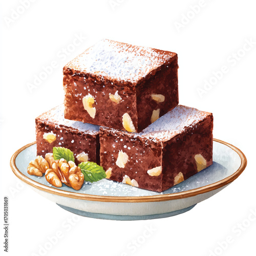 Stacked Walnut Brownies with Powdered Sugar and Mint.