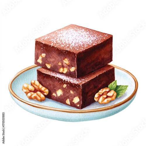 Stacked brownies with walnuts and powdered sugar on a plate a sweet treat.