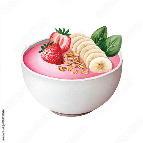 Strawberry Banana Smoothie Bowl with Granola and Basil.