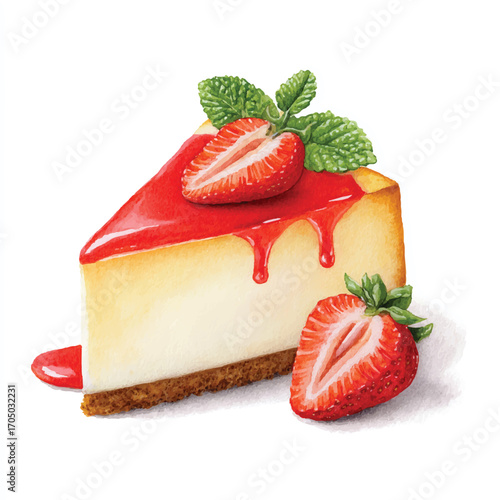 Strawberry Cheesecake Slice with Fresh Berries and Mint.