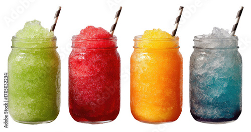 Four colorful slushy drinks in mason jars