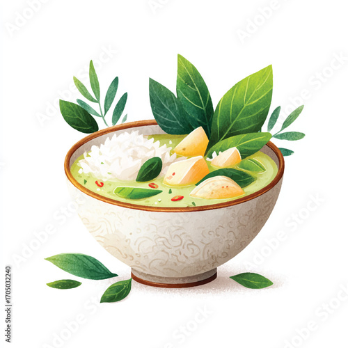 Thai green curry with chicken and rice a flavorful dish.