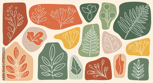 Botanical Illustration with Autumnal Leaves and Floral Elements in Earthy Tones