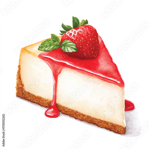 Strawberry Cheesecake Slice with Sauce and Mint Garnish.