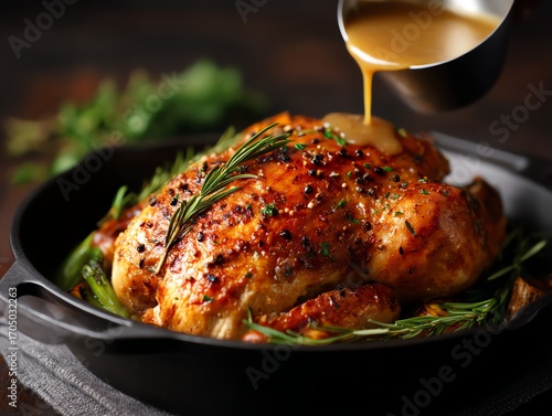 Autumn holiday meal preparation, turkey roasted golden with gravy