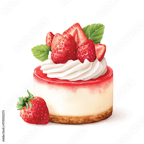 Strawberry cheesecake with fresh berries and whipped cream.