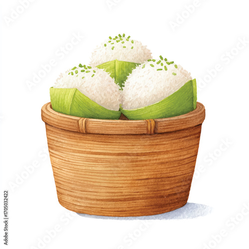 Three delicious sticky rice balls in a bamboo basket.