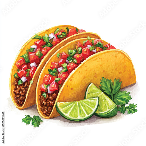 Three Delicious Tacos with Salsa and Lime Wedges.
