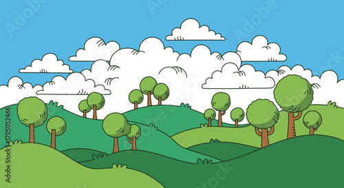 Cartoon Green Hills Landscape with Lush Trees