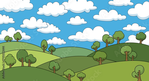 Cartoon Landscape with Rolling Hills, Trees, and Fluffy Clouds.