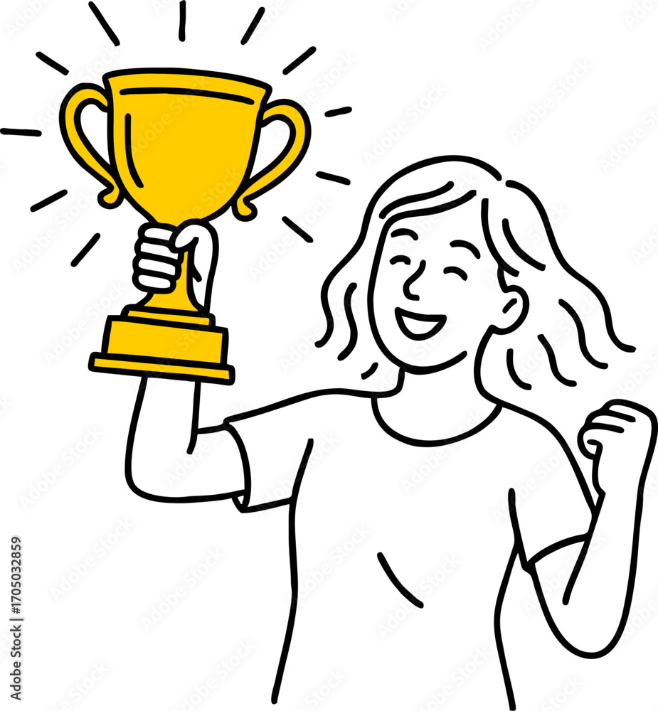 Fototapeta premium Business woman champion golden winner cup. Award prize, win award. Business success, goal achievement celebration. vector people character illustration. Leadership, archievement, winning award trophy