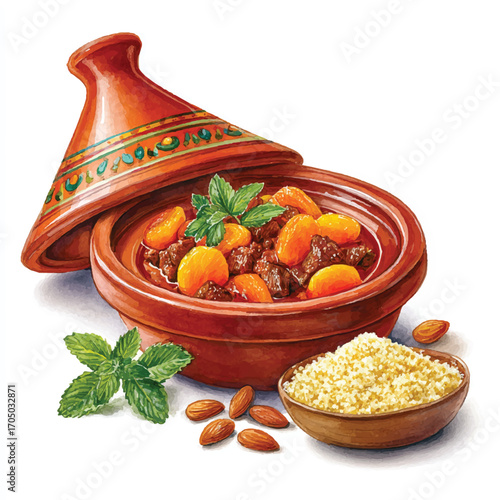 Traditional Moroccan Tagine with Meat Apricots and Couscous.