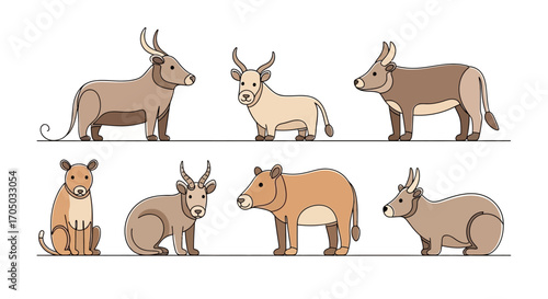 Cartoon Ungulates: Diverse Horned Mammals in Line Art Style