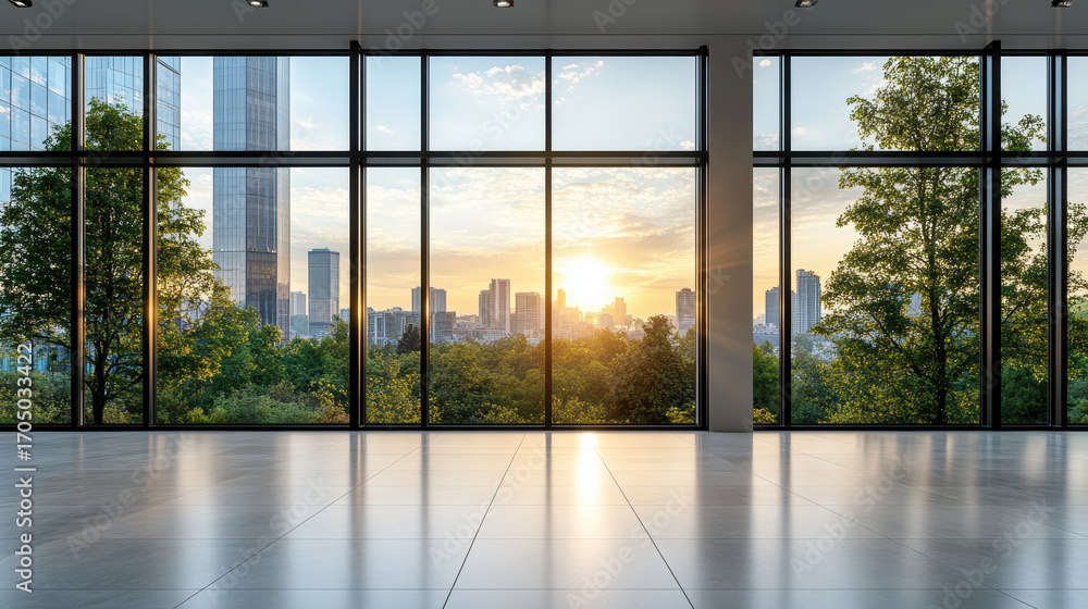 Fototapeta premium Modern interior with large windows showcasing sunset view over city skyline and greenery