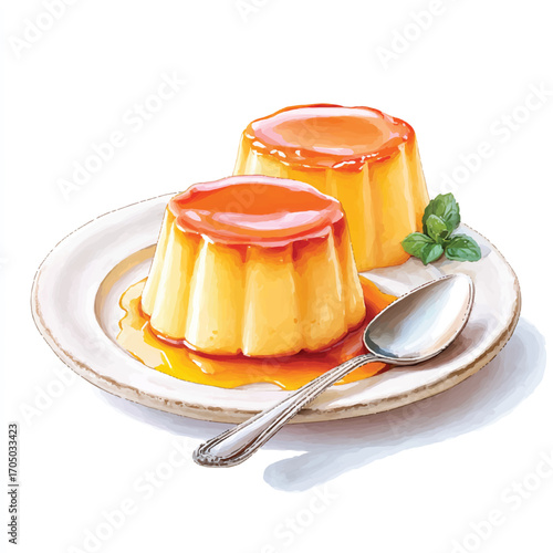 Two Caramel Custard Flan Desserts on a White Plate.