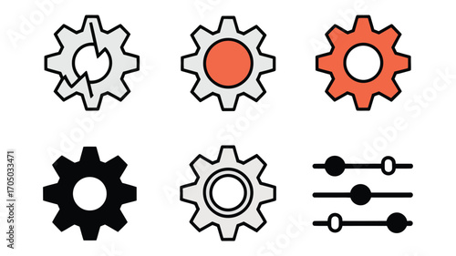 Vector art of gear and setting icons, representing technology, industry, and configuration options for various applications