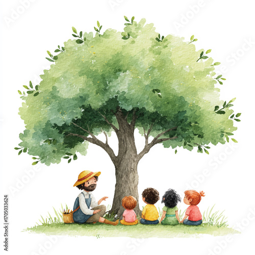 Teacher reading a story to attentive children under a tree.