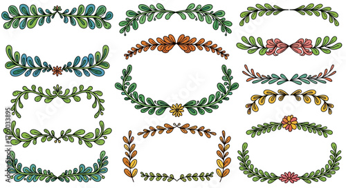 Collection of colorful hand-drawn floral wreaths, leafy borders, and decorative botanical frames.