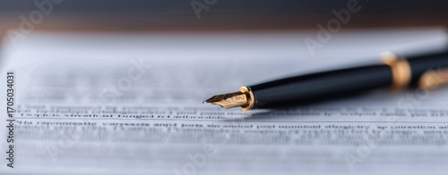 Fountain pen resting on financial document for business and writing concept