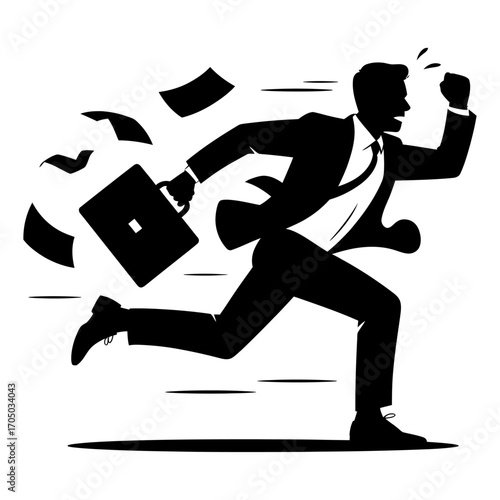 black silhouette vector of a stressed businessman running late holding briefcase with flying papers in the air