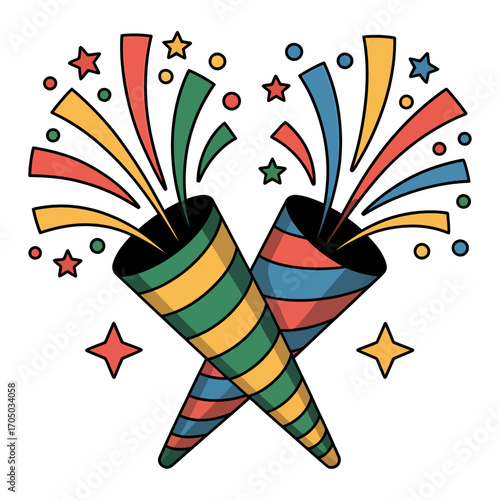 colorful vector of two crossed party poppers with confetti and stars for celebration and festival
