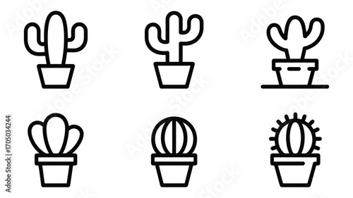 Vector art of cactus icon set contains icons as saguaro, barrel, prickly pear, cholla, and other succulent plant species