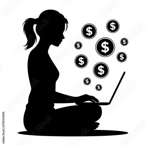 black silhouette vector of a young woman working from home on a laptop with dollar coins floating around