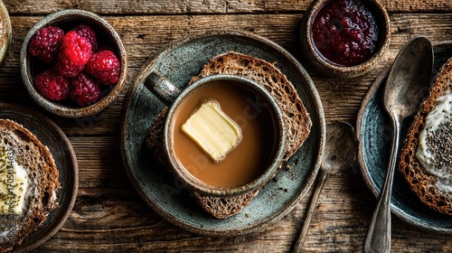 Rustic breakfast scene with coffee, bread, butter, and berries
