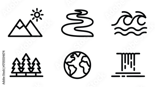 Vector art of nature icons set collection of mountain, river, wave, forest, earth, and waterfall symbols in line style