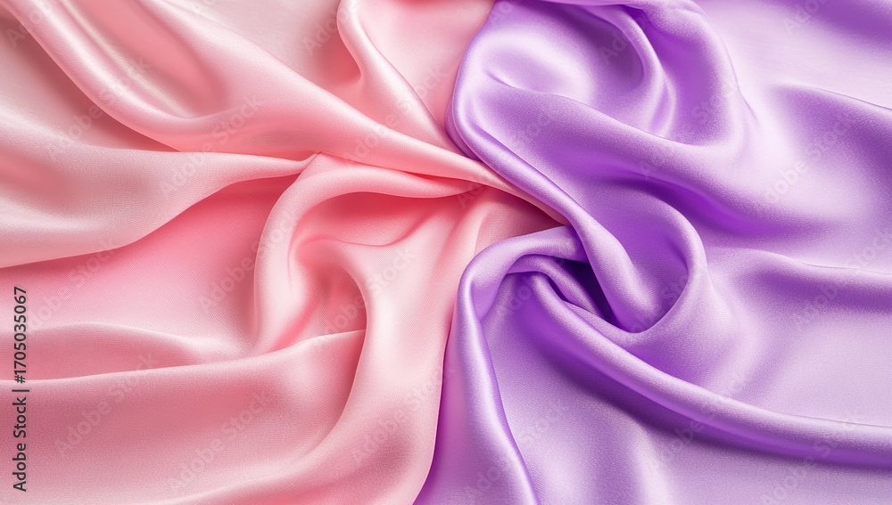 Obraz premium Photo of a pink and lavender satin fabric with folds, symbolizing the beauty of the moment. Web banner with copy space on the right.
