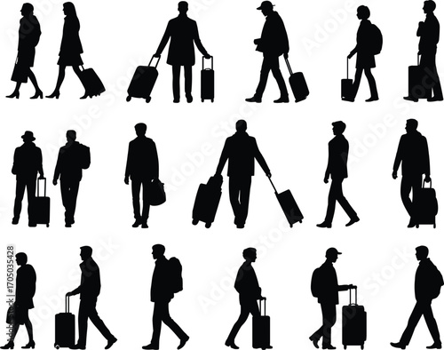 Silhouettes of diverse travelers walking with luggage, rolling suitcases, backpacks, business people, tourists, commuting adults, airport travel scenes, journey, trip, vacation, city commuters, 