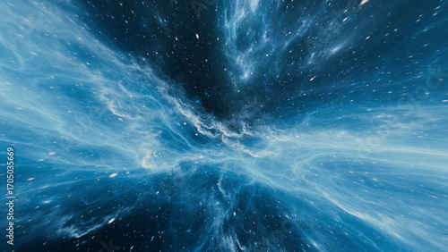 Foto Vast expanse of deep space filled with swirling blue nebula clouds and numerous bright stars, creating a captivating cosmic atmosphere