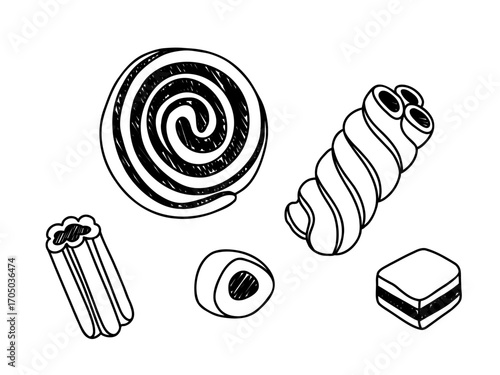 Licorice candies set vector line illustration. Liquorice allsorts. Roll, stick and layer candy, twisting into a mesmerizing spiral. Hand drawn doodle sketch. Licorice rockies, gummy candy, sweet snack