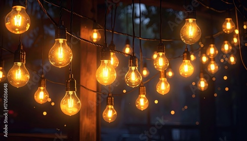 Wallpaper Mural A warm and inviting outdoor setting illuminated by numerous vintage-style light bulbs hanging in a decorative string. Torontodigital.ca