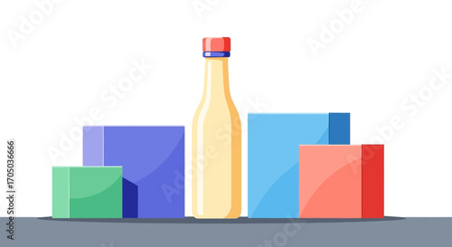 Colorful Display of Products, Bottle and Boxes, Flat Style