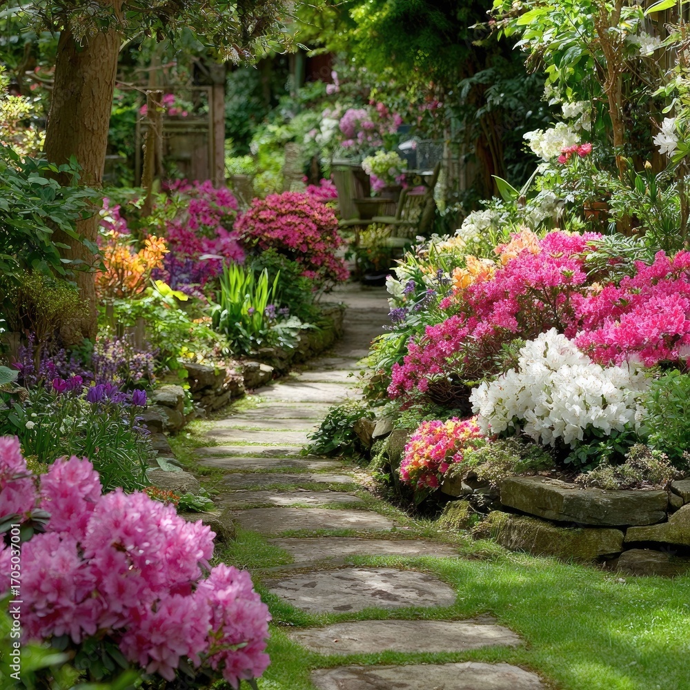 Obraz premium Blooming garden path, vibrant colors
