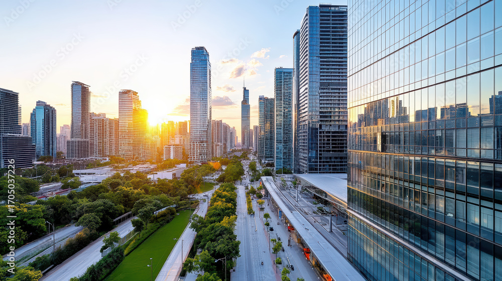 Fototapeta premium Stunning skyline view of modern business district sunset, showcasing tall buildings and greenery