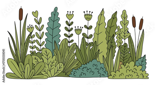Colorful Illustration of Lush Plants and Flowers in a Dense Arrangement