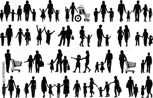 Silhouettes of families shopping, walking with children, parenting together, daily life scenes, bonding moments, urban lifestyle, holding hands illustration