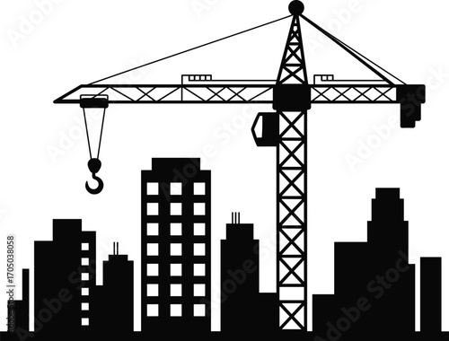 Silhouette of tower crane working over city skyline, urban construction development scene, high rise buildings, industrial site vector illustration